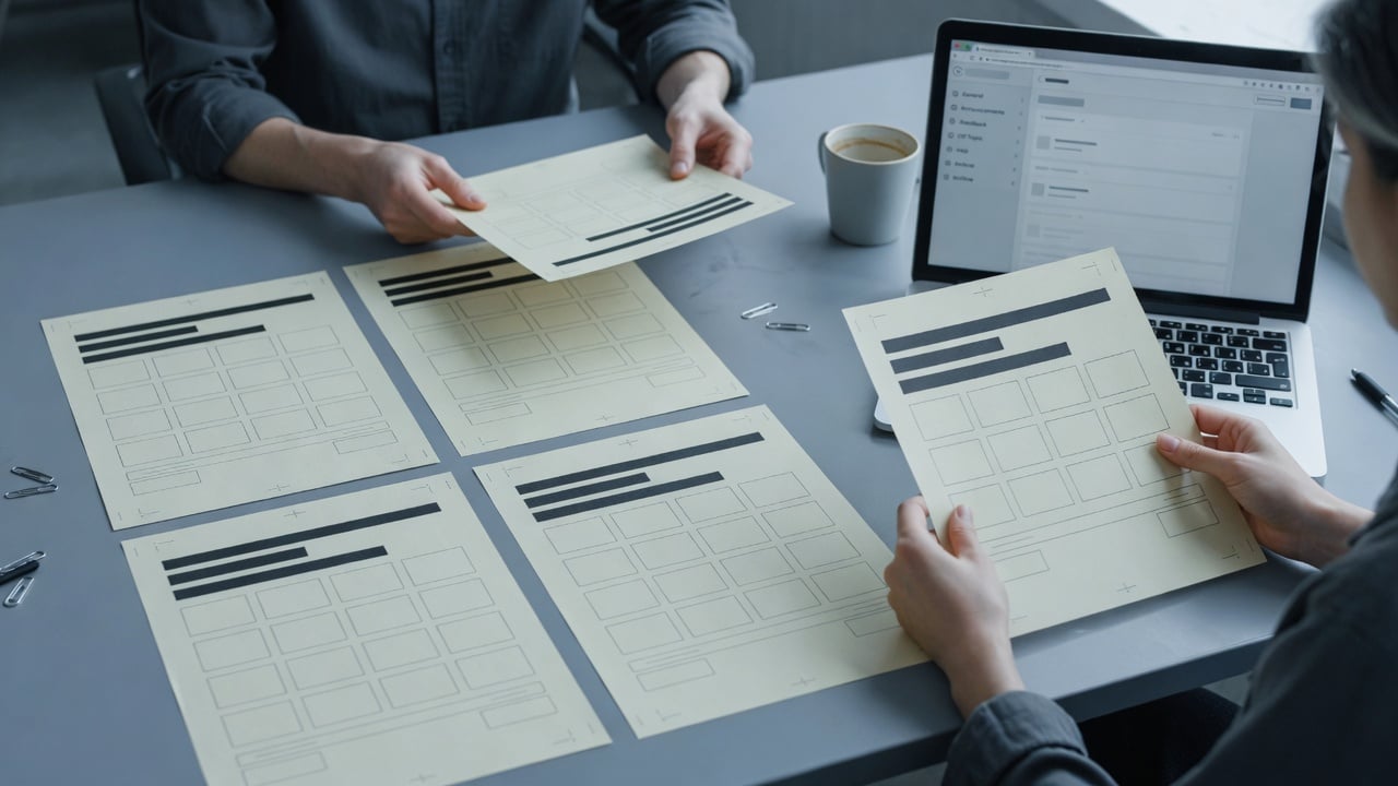 Community administrator at a slate desk comparing printed software sheets beside a laptop showing a muted forum homepage