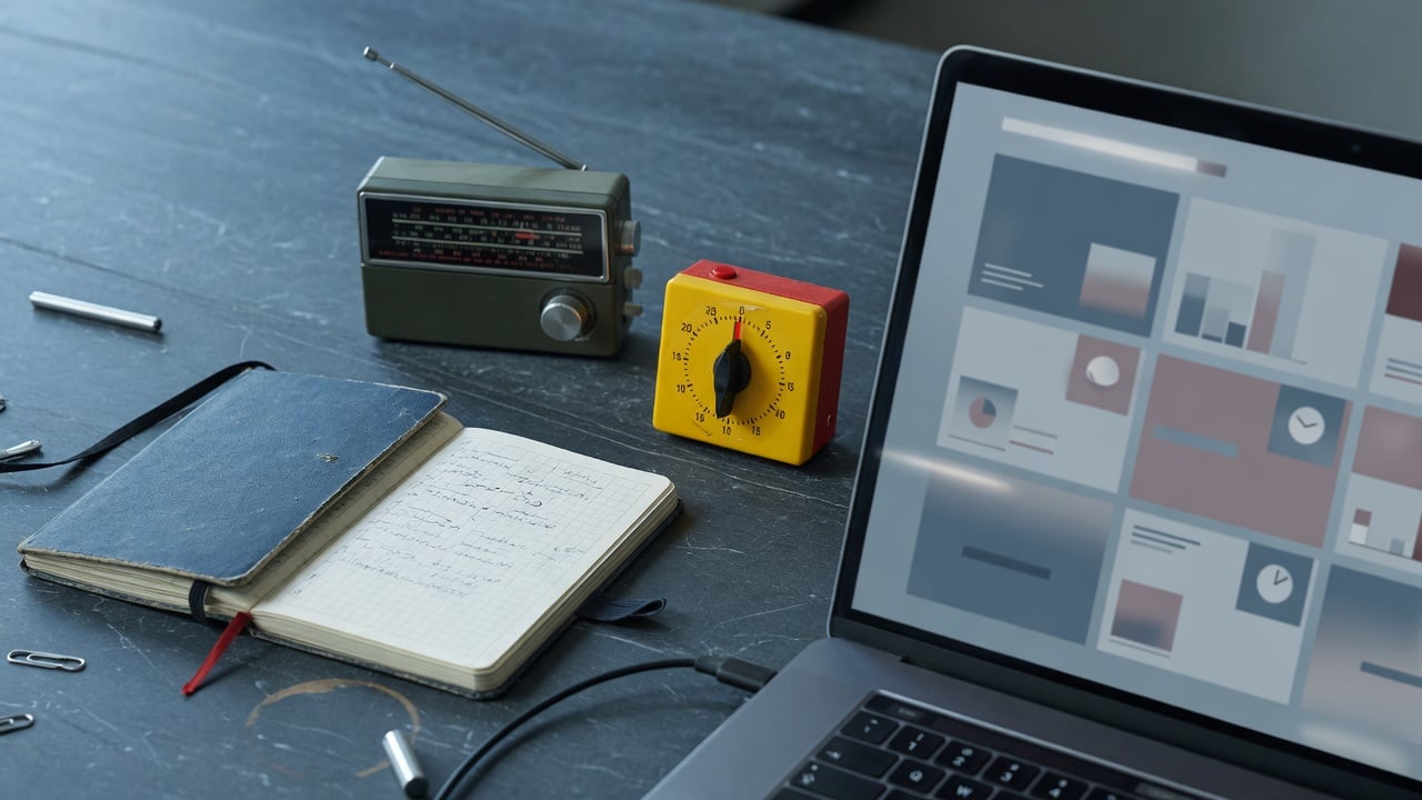 Administrator at a slate desk with a muted control-panel monitor, a small hardware key, a paper calendar, and a printed daily checklist