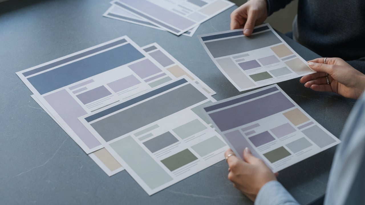Designer comparing printed colour swatches beside a monitor showing two muted forum layouts