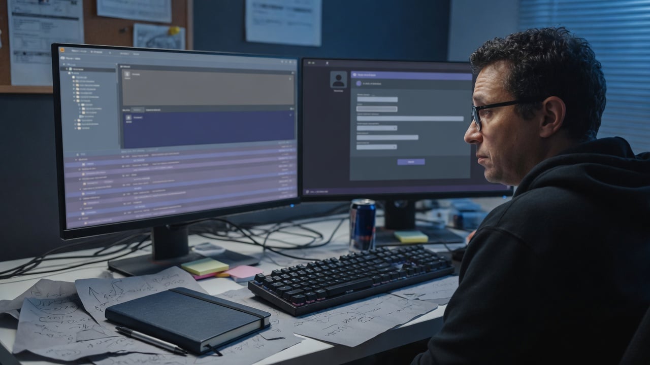 Administrator mapping a gaming community’s rooms on a widescreen monitor beside a printed node-tree sketch