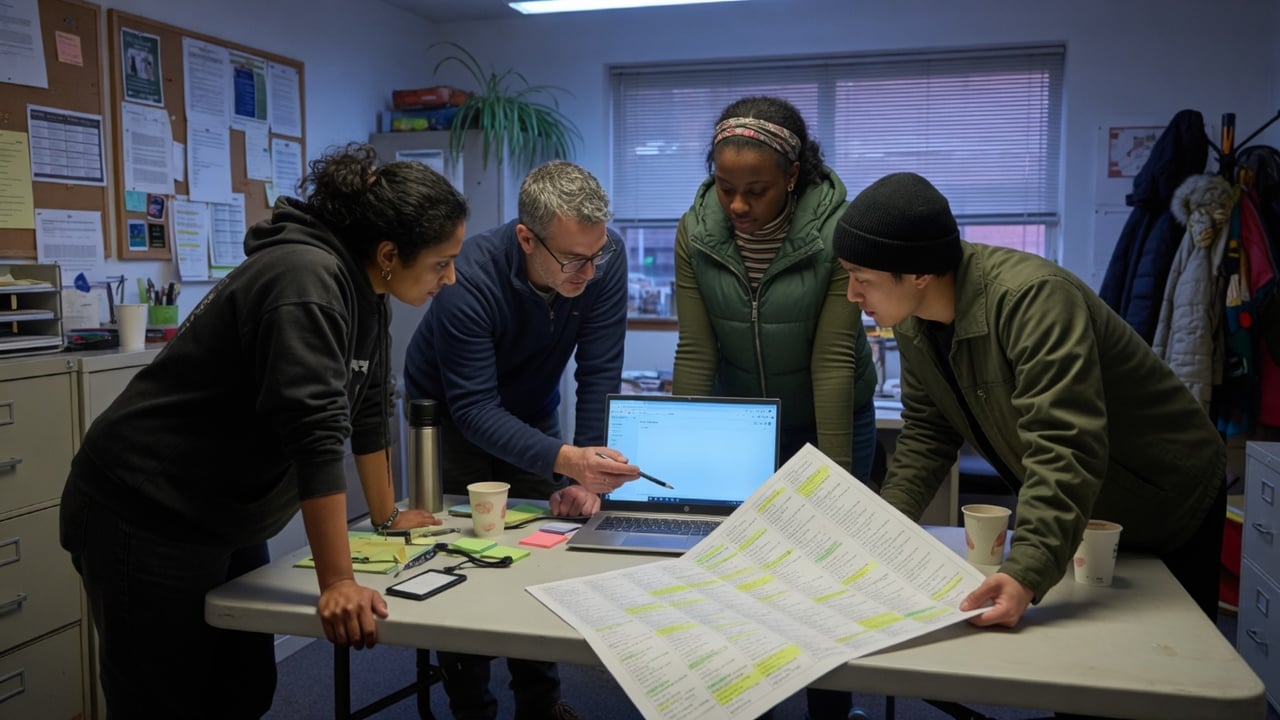 Two community staff members reviewing a printed roster and shift notes at a shared desk