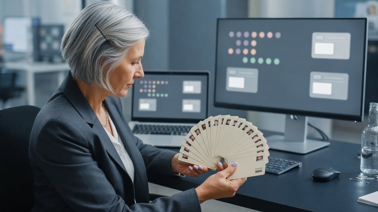 Administrator reviewing a stack of membership application cards at a desk