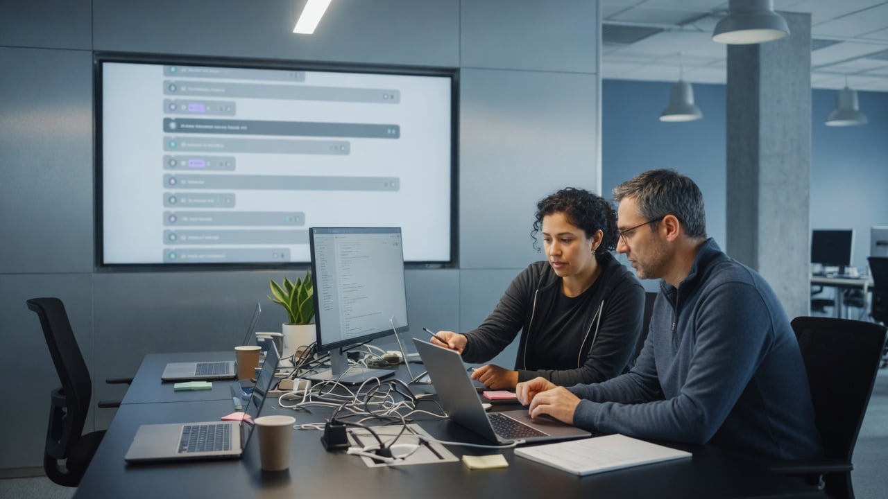 Support engineer at a desk with a printed documentation outline beside a laptop showing a muted topic list with check marks