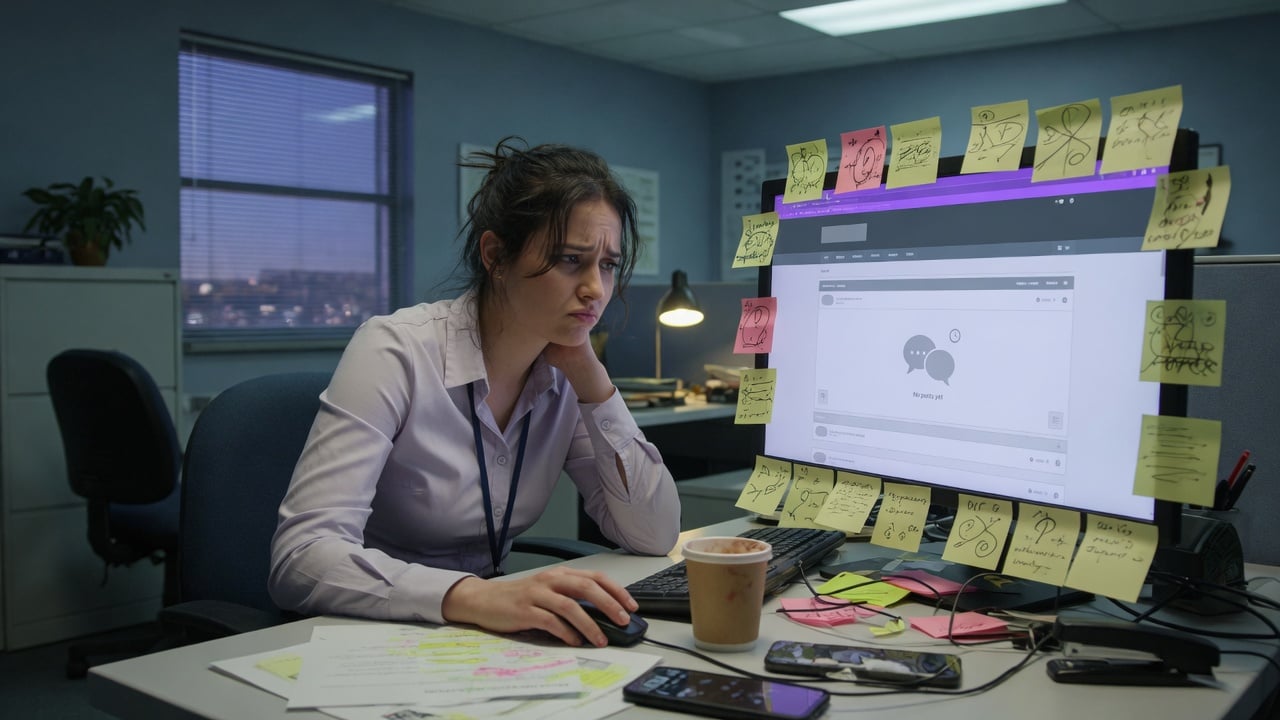New administrator at a desk reviewing a first-month checklist beside a laptop showing a muted topic list