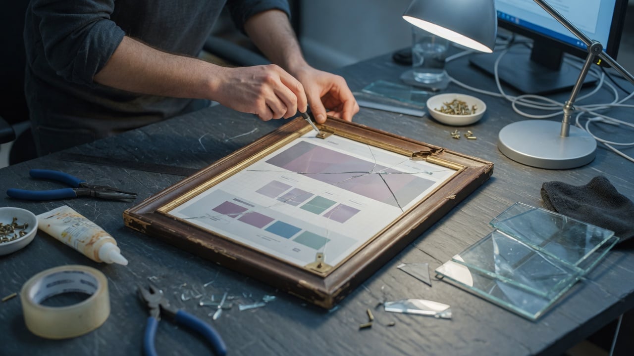 Administrator comparing a broken forum layout on one screen with a printed fix list on a slate desk