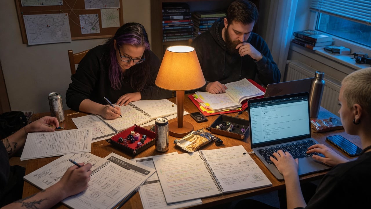 Players and an operator reviewing a printed session calendar beside a muted server-status screen