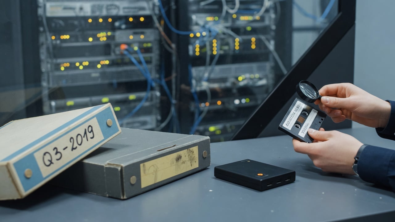 Administrator verifying offsite backup drives next to a workstation in a cool steel-blue office