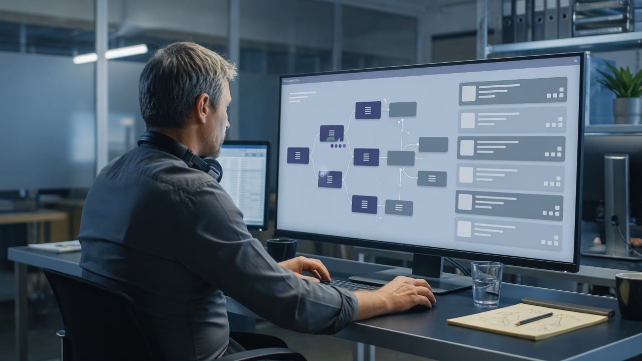 Administrator arranging a forum node tree on a widescreen monitor