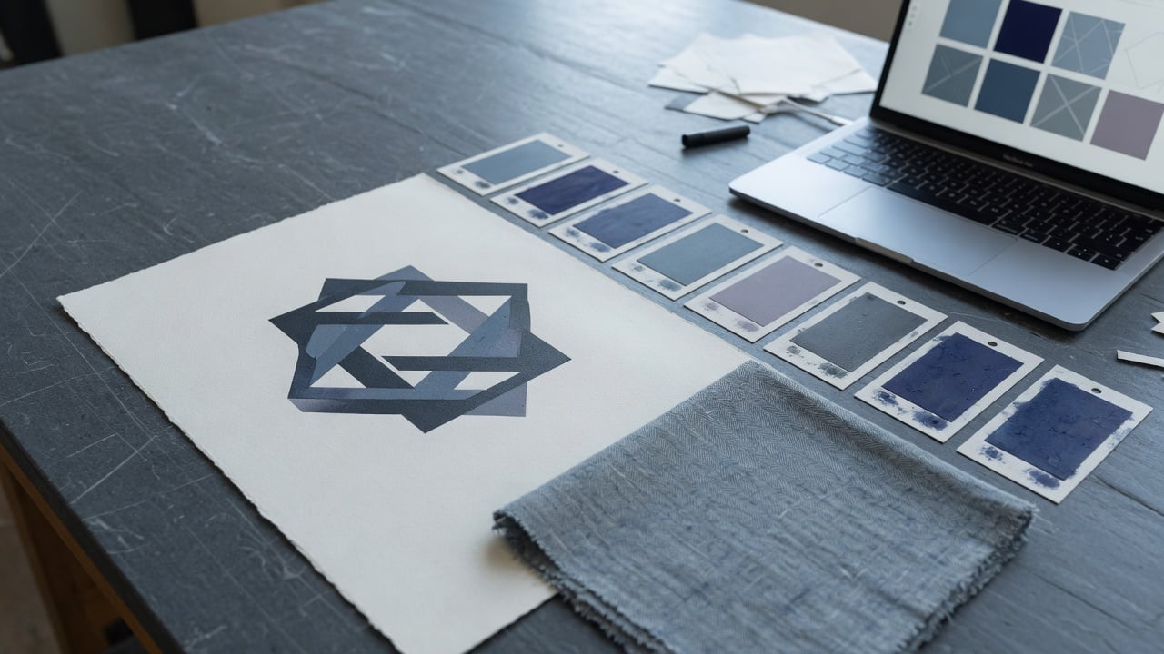 Designer aligning printed colour chips with a forum header on a widescreen monitor