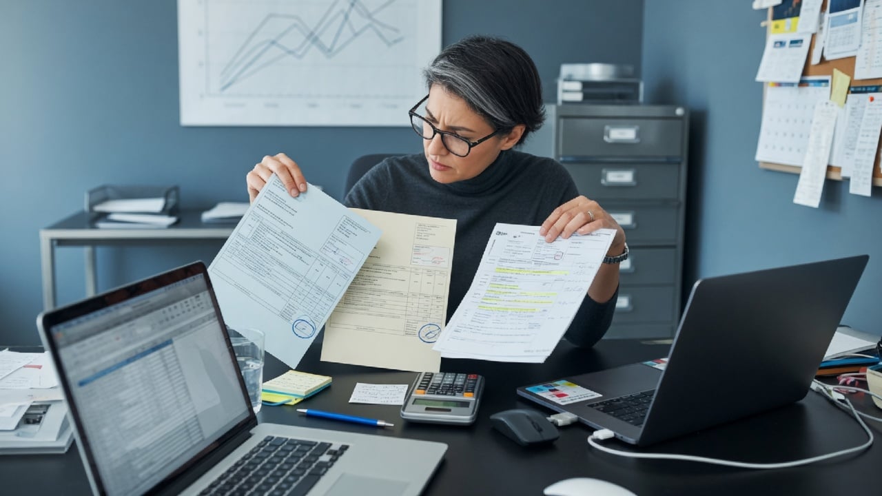 Community operator comparing printed cost sheets on a slate desk next to a laptop and a small calculator