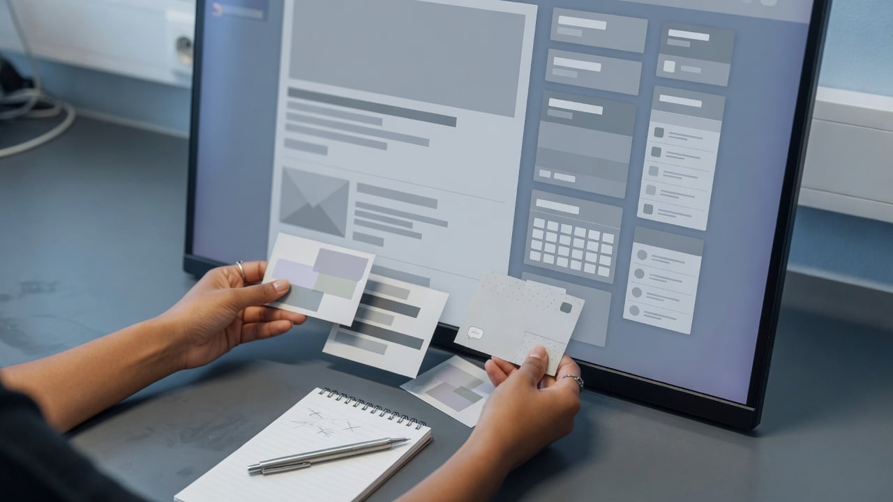 Administrator arranging abstract sidebar blocks on a forum layout shown on a widescreen monitor
