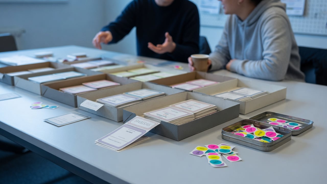 Editor sorting a few labelled shelf cards on a slate table instead of a deep folder tree