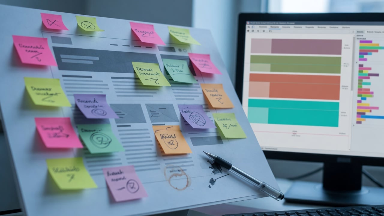 Administrator inspecting a forum layout in a browser developer panel beside a printed style checklist