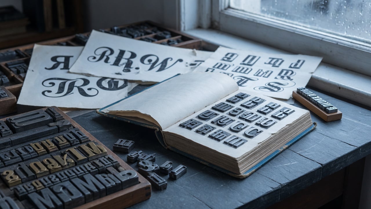 Printed type specimens and a laptop showing a muted forum thread beside a folder of font files