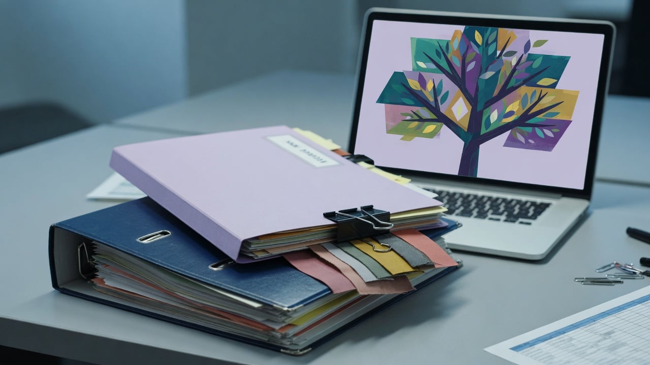 Administrator comparing a parent style and a child style on a widescreen monitor beside a printed inheritance sketch