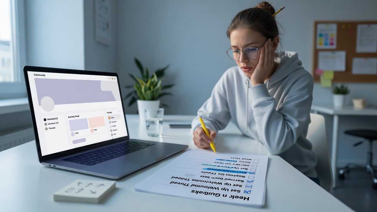 New administrator at a desk working through a first-week checklist beside a laptop showing a muted topic list