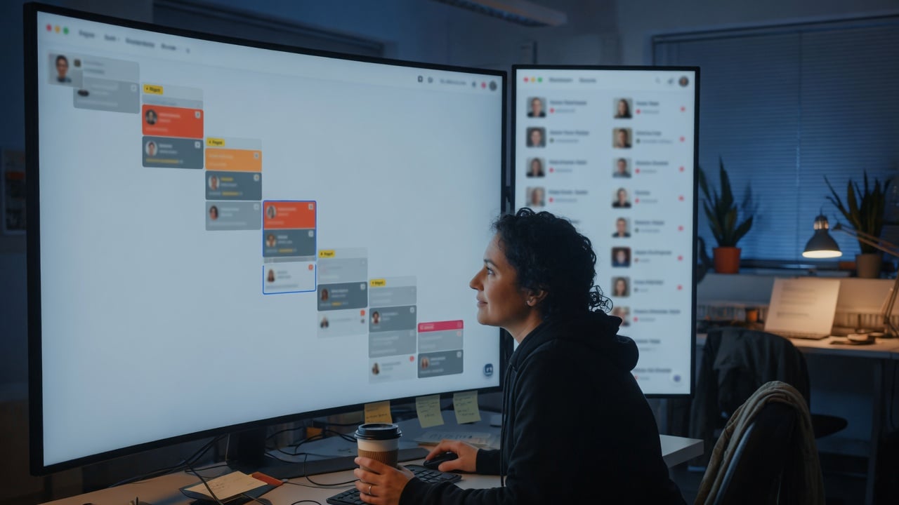 Moderator at a desk reviewing a queue of flagged posts on a laptop beside a printed ladder of community roles