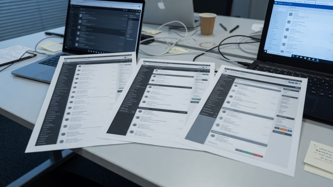 Three printed comparison sheets on a pale oak table beside a laptop showing a muted topic list