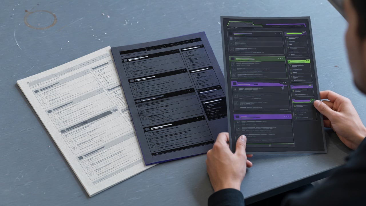 Archivist comparing three printed layout thumbnails on a slate table beside a blank monitor