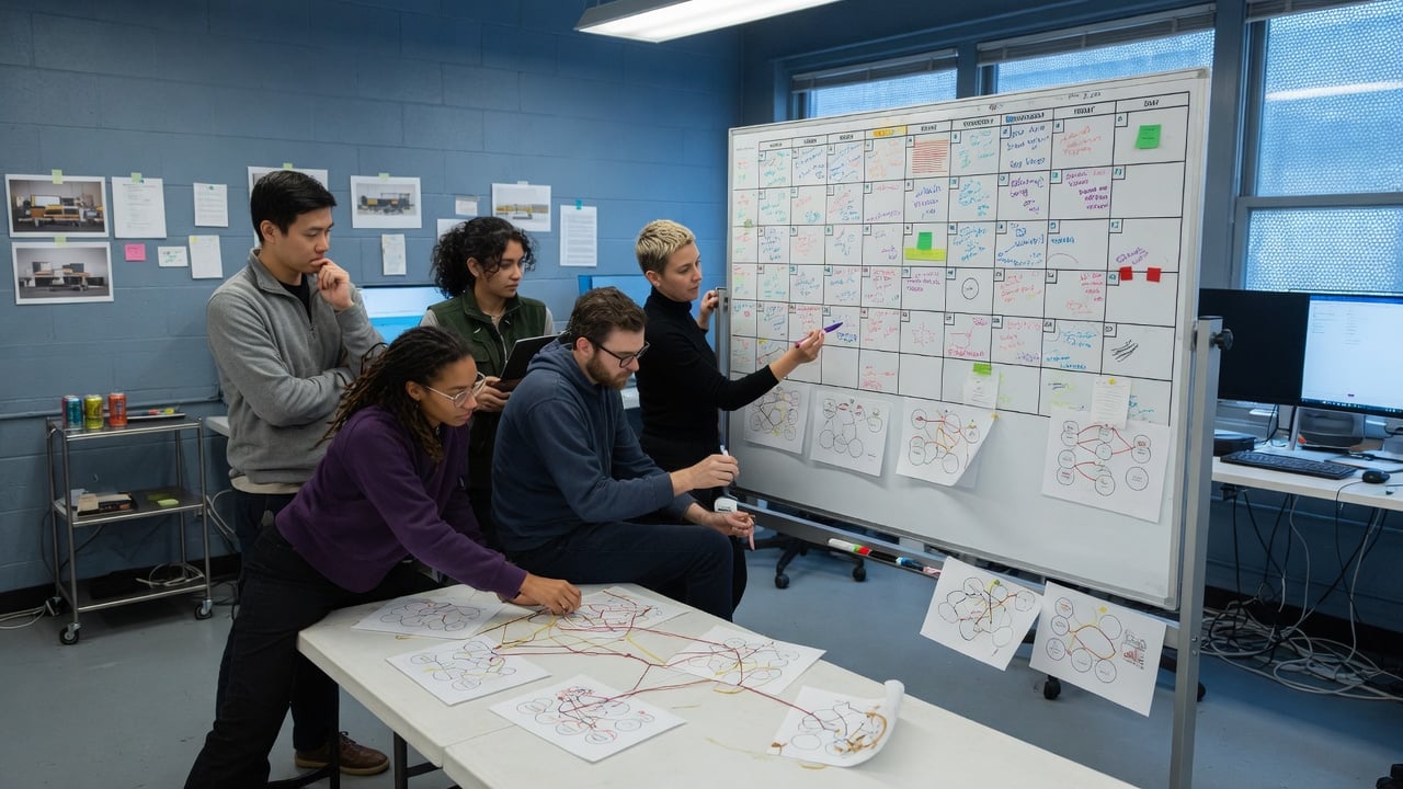 Three founding staff around a slate table planning a community launch with a printed 30-day calendar