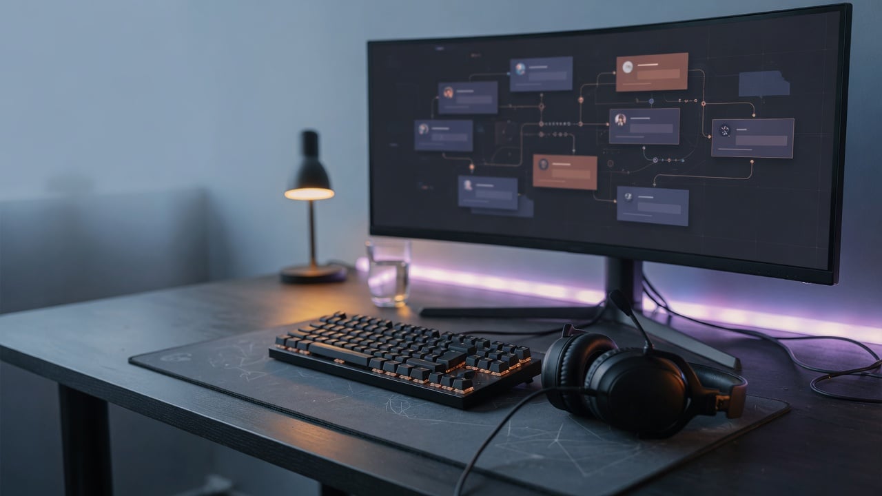 Administrator comparing a dark gaming forum layout on a widescreen monitor with a printed server-room sketch