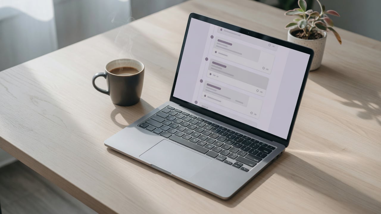 Developer at a small desk with a laptop showing a minimal topic list, a compact PHP hosting diagram sketched on paper