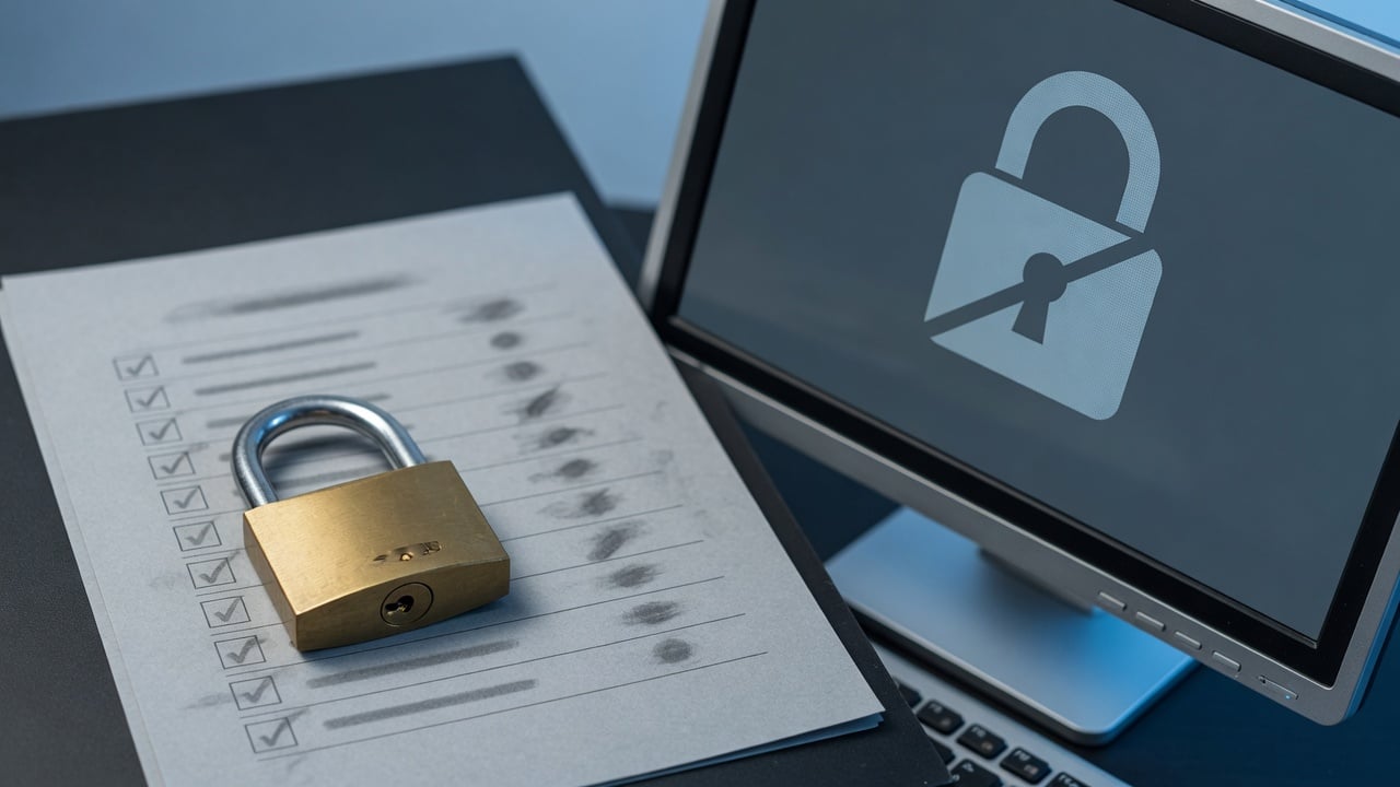 Administrator reviewing a printed security checklist beside a lock icon on a muted monitor