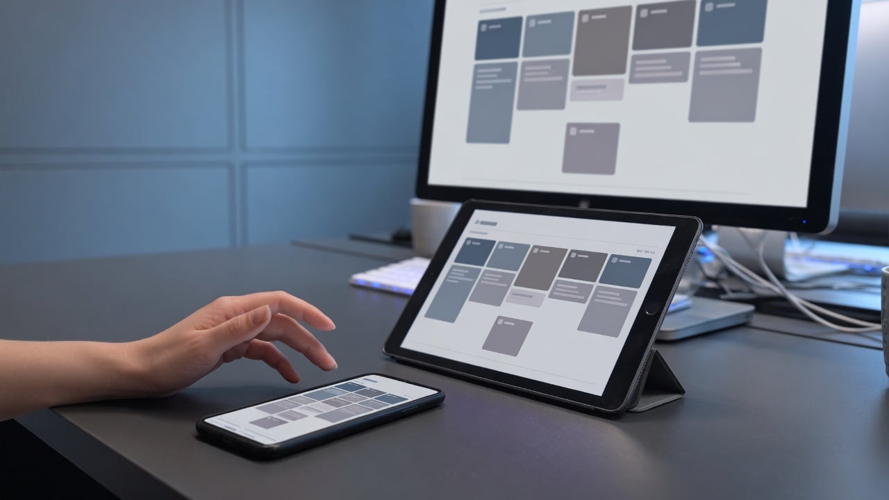 Administrator comparing a forum layout on a phone, a tablet, and a widescreen monitor