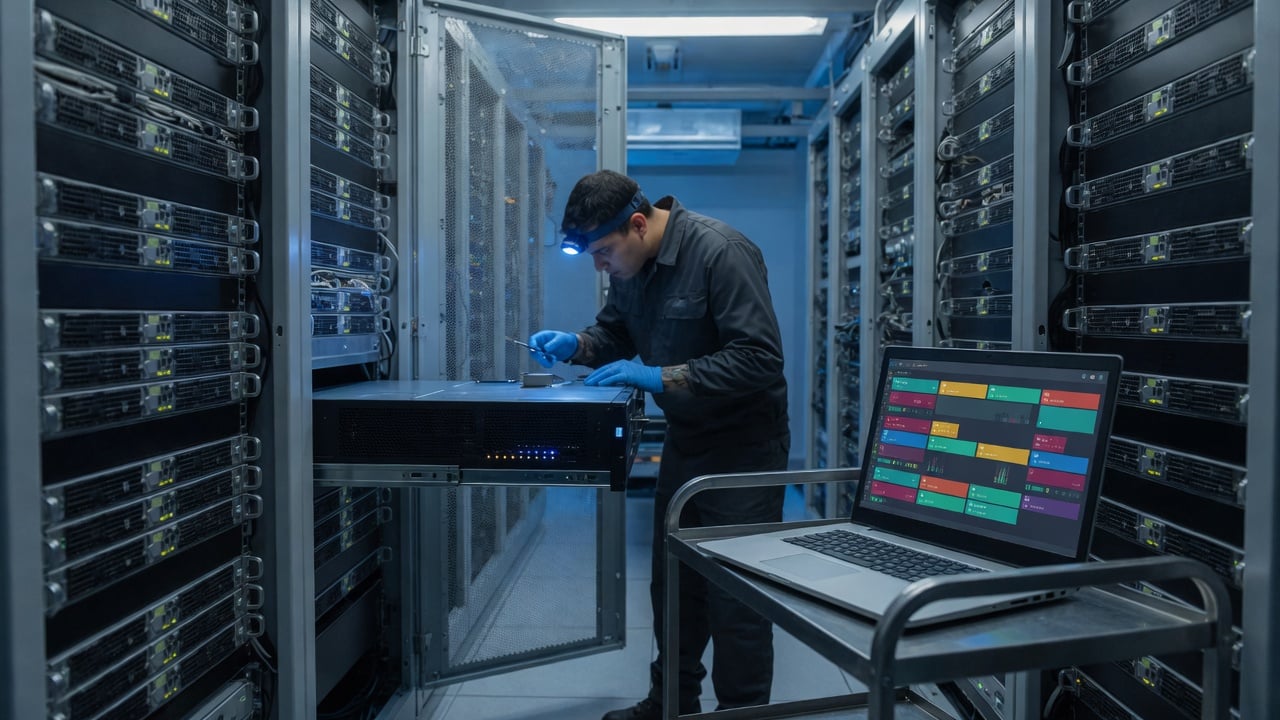 Sysadmin at a standing desk reviewing server graphs on one monitor and a muted terminal on the other
