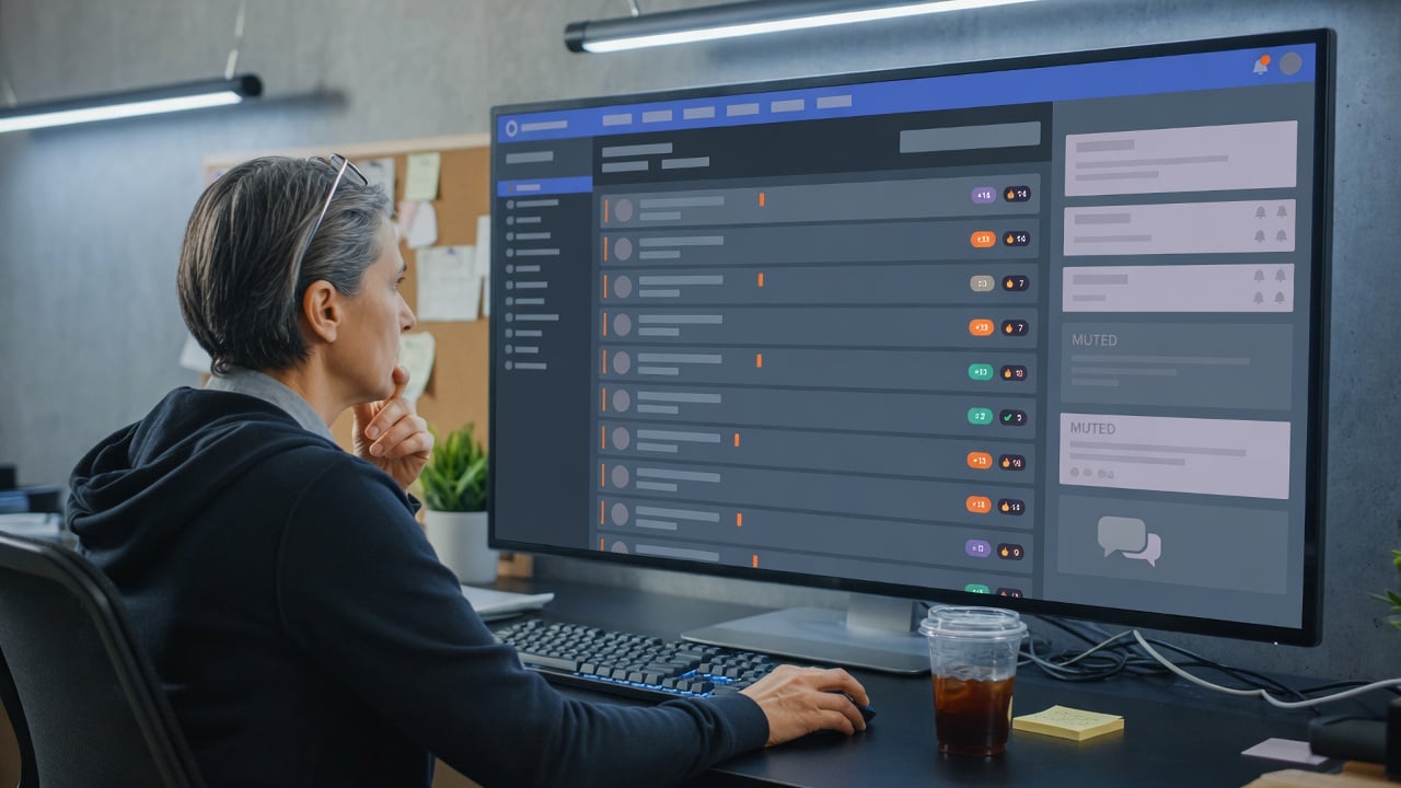 Forum administrator reviewing a live thread list and engagement metrics on a widescreen monitor