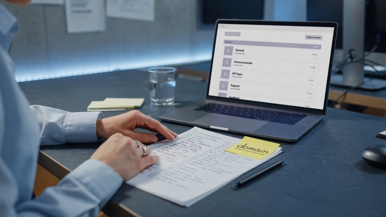 Administrator at a slate desk planning a new forum site with a printed checklist and a laptop showing an empty community homepage