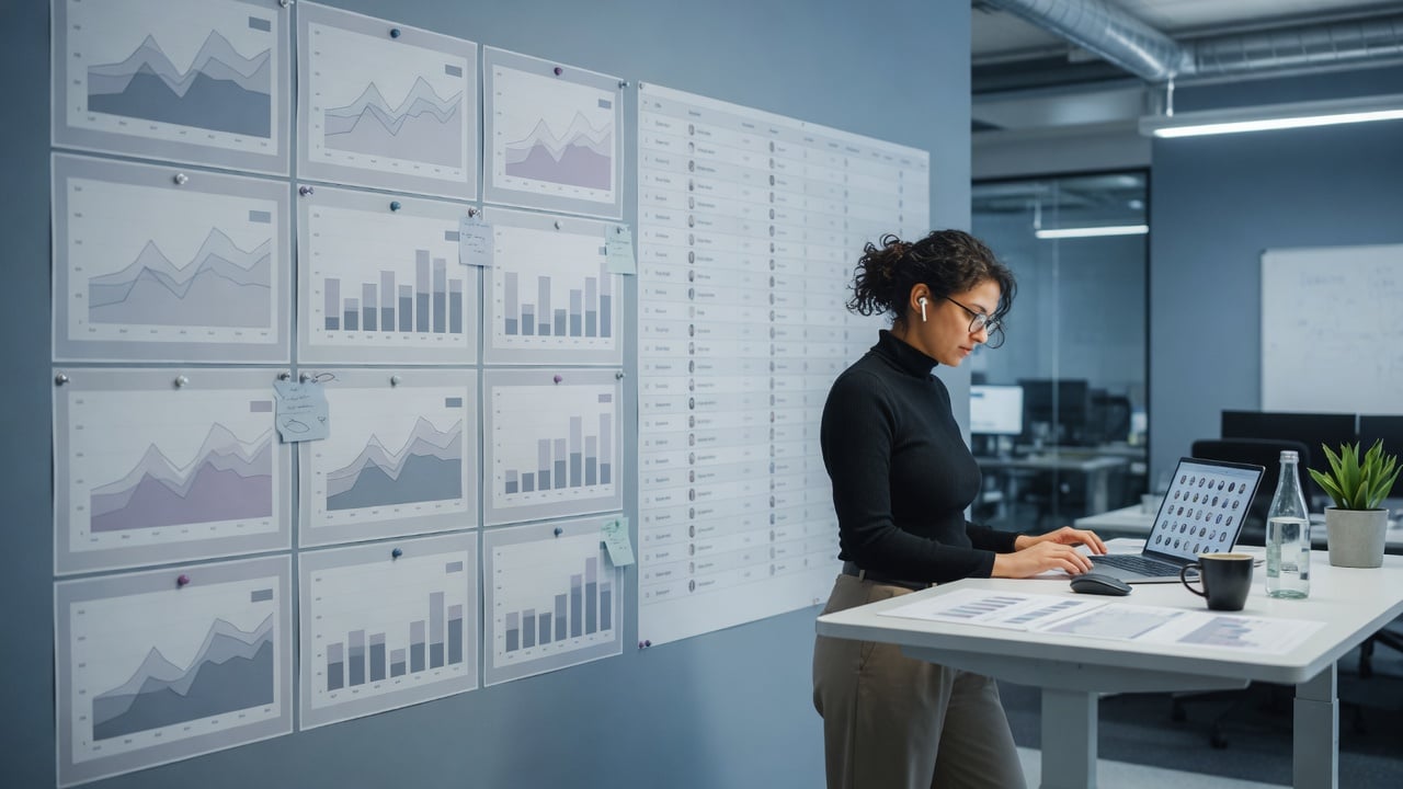 Community operator comparing daily and weekly activity marks on a printed sheet beside a muted analytics dashboard
