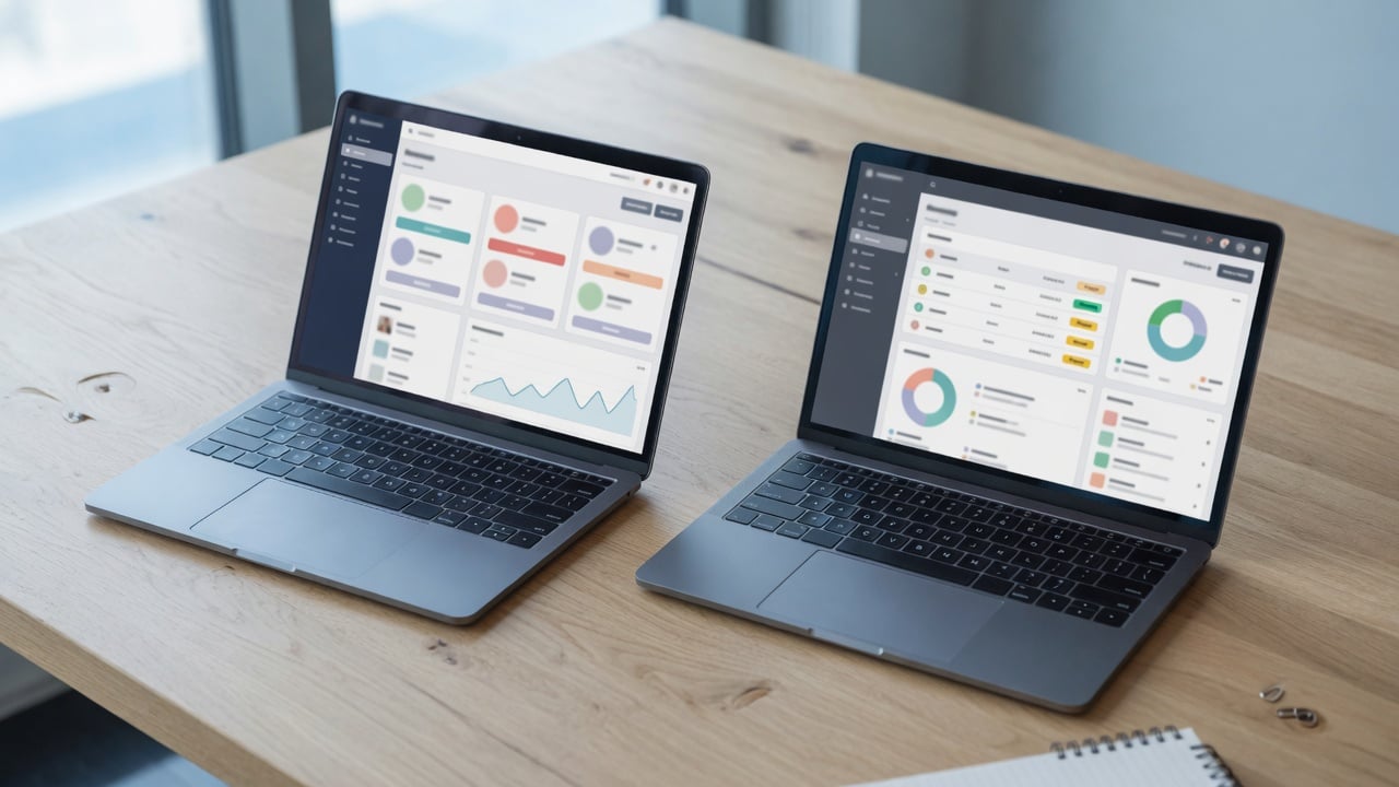 Two laptops on a meeting table comparing community platform dashboards