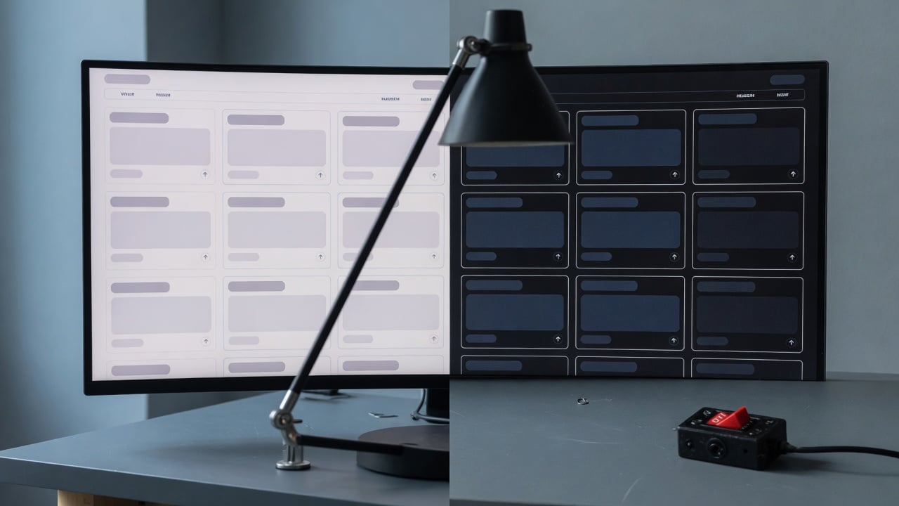 Administrator comparing a light reading layout and a dark gaming layout on a single widescreen monitor