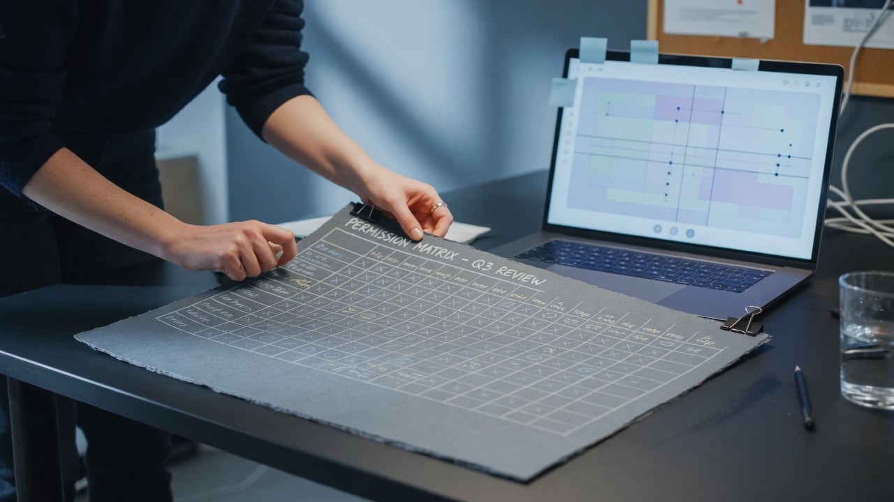 Administrator reviewing a permission grid on a widescreen monitor next to a printed group map