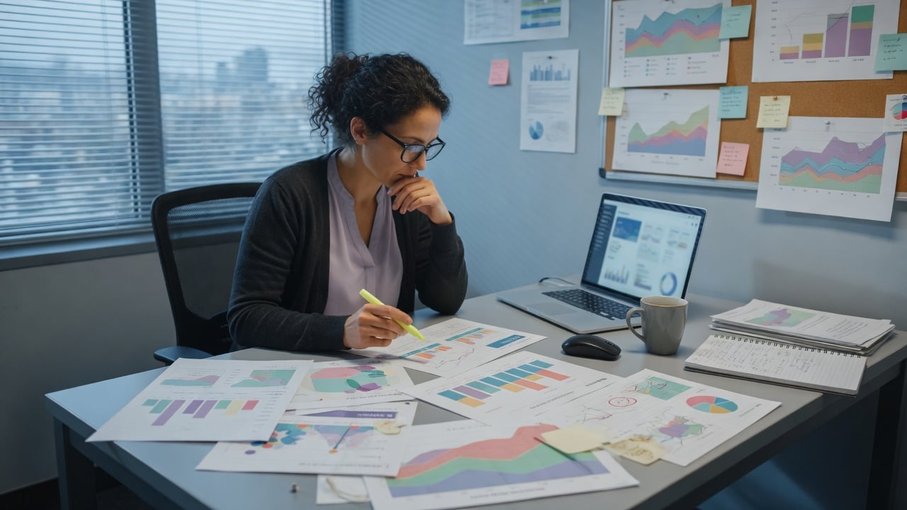 Operator comparing a printed weekly metrics sheet with abstract sparklines on a widescreen monitor