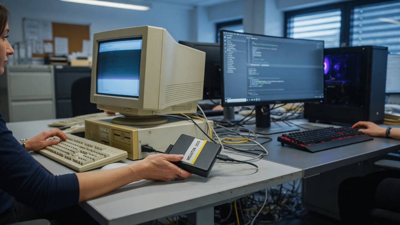 Administrator comparing two database windows and a printed cutover checklist on a slate desk