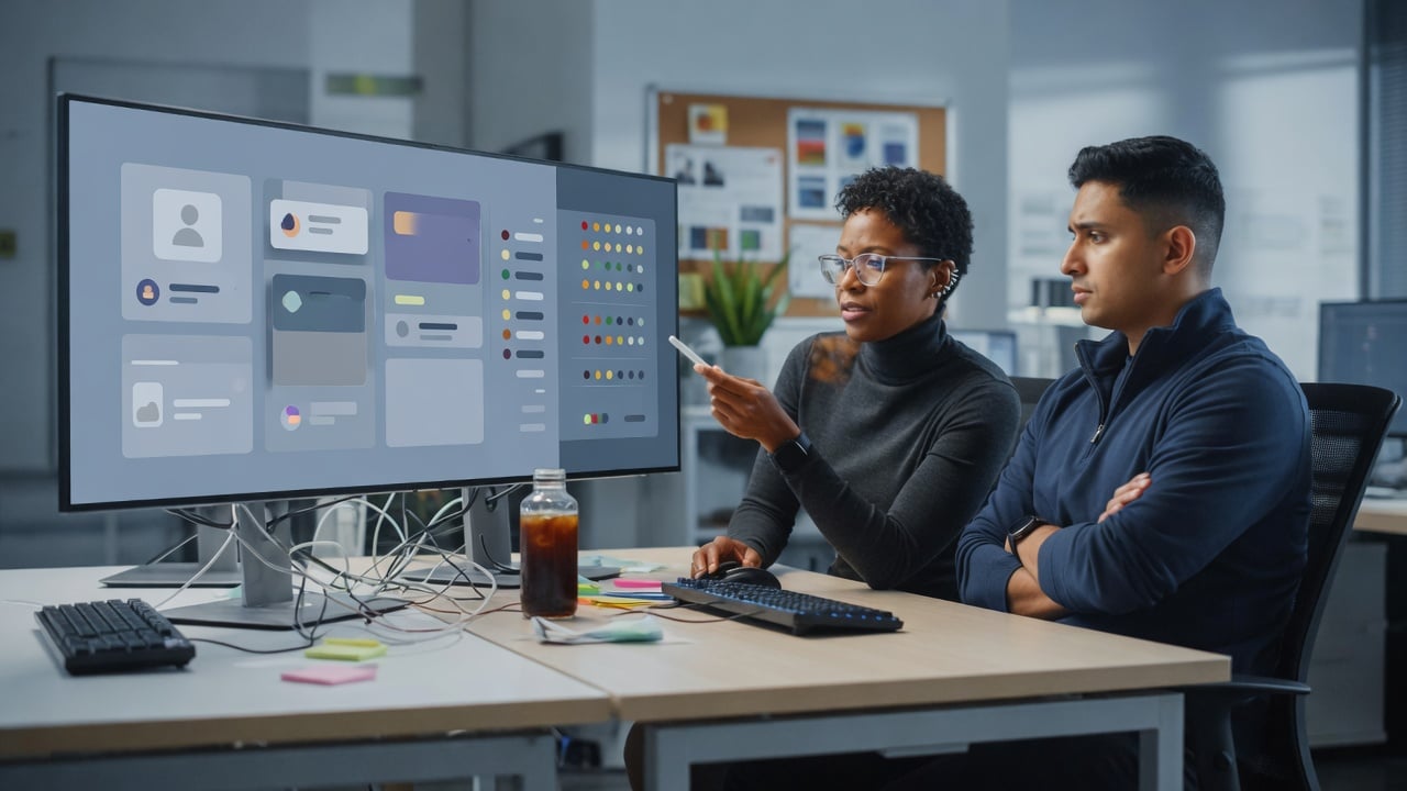 Two staff members reviewing a moderation queue on dual monitors in a quiet office