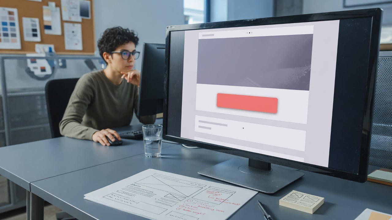 Designer reviewing a single-column campaign page with one call-to-action on a widescreen monitor