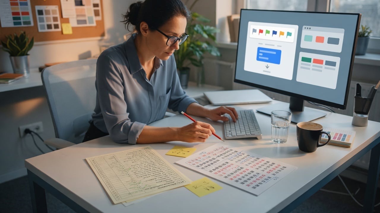 Administrator comparing two language layouts on a widescreen monitor beside a printed phrase checklist