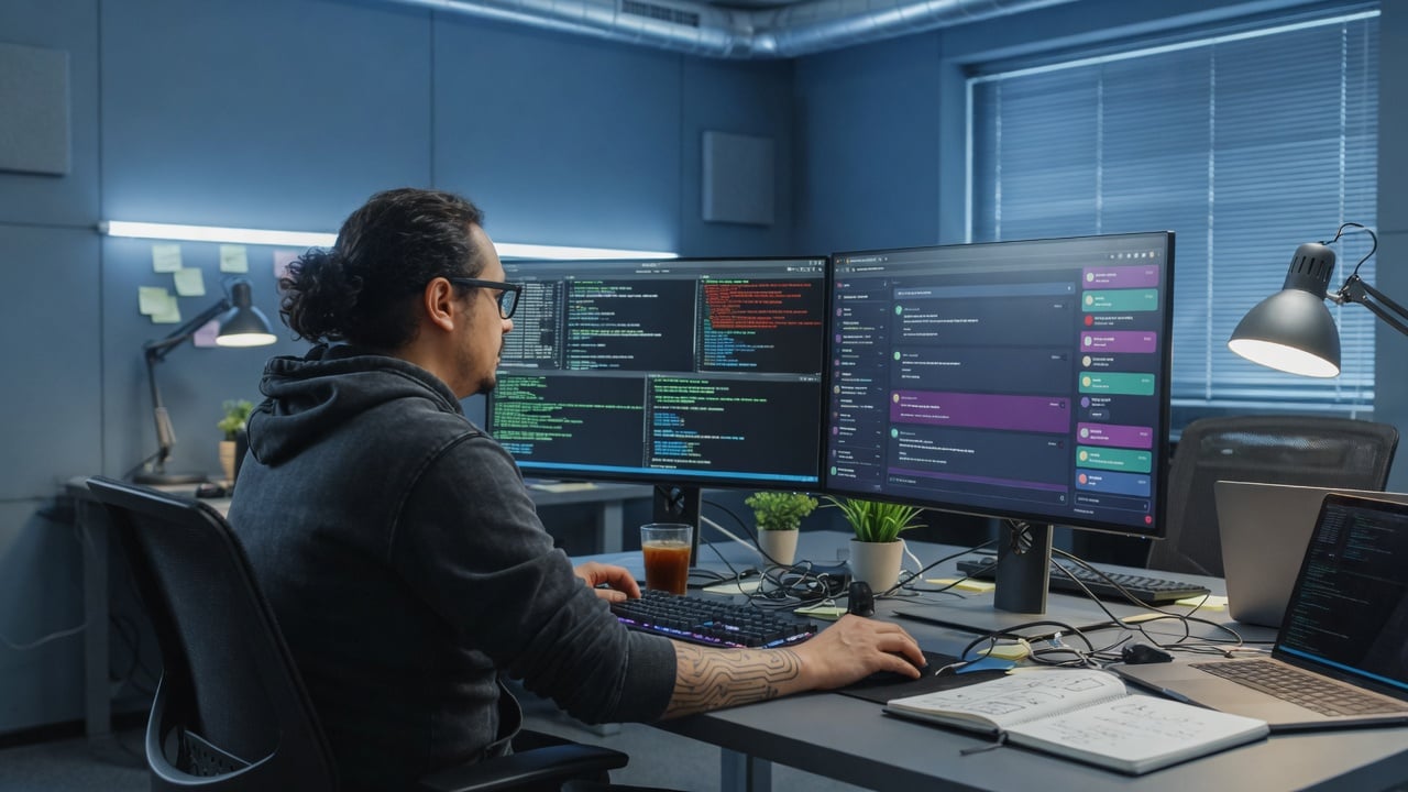 Engineer at a standing desk watching a realtime activity feed on a monitor, a small cluster diagram sketched on paper
