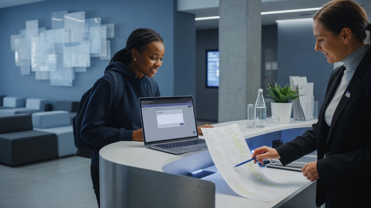 Community manager reviewing a printed methods checklist beside a laptop showing a muted welcome thread