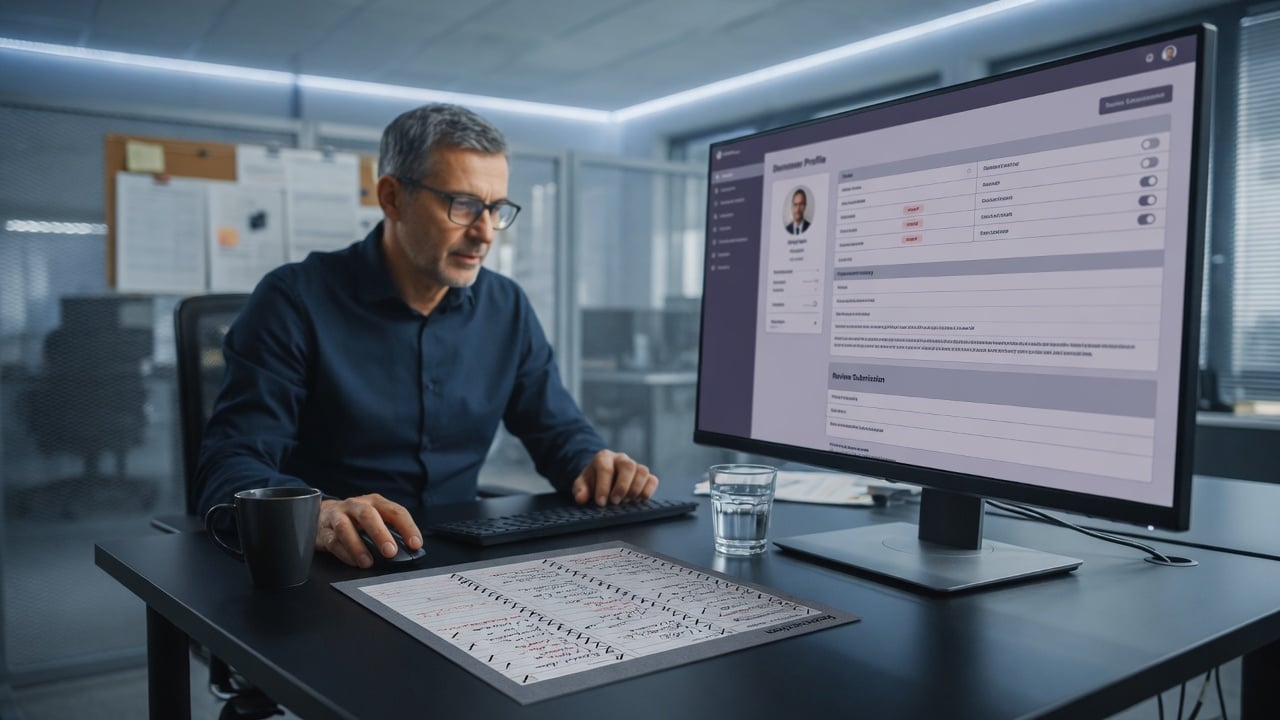 Administrator reviewing structured member profile fields on a widescreen monitor beside a printed intake form