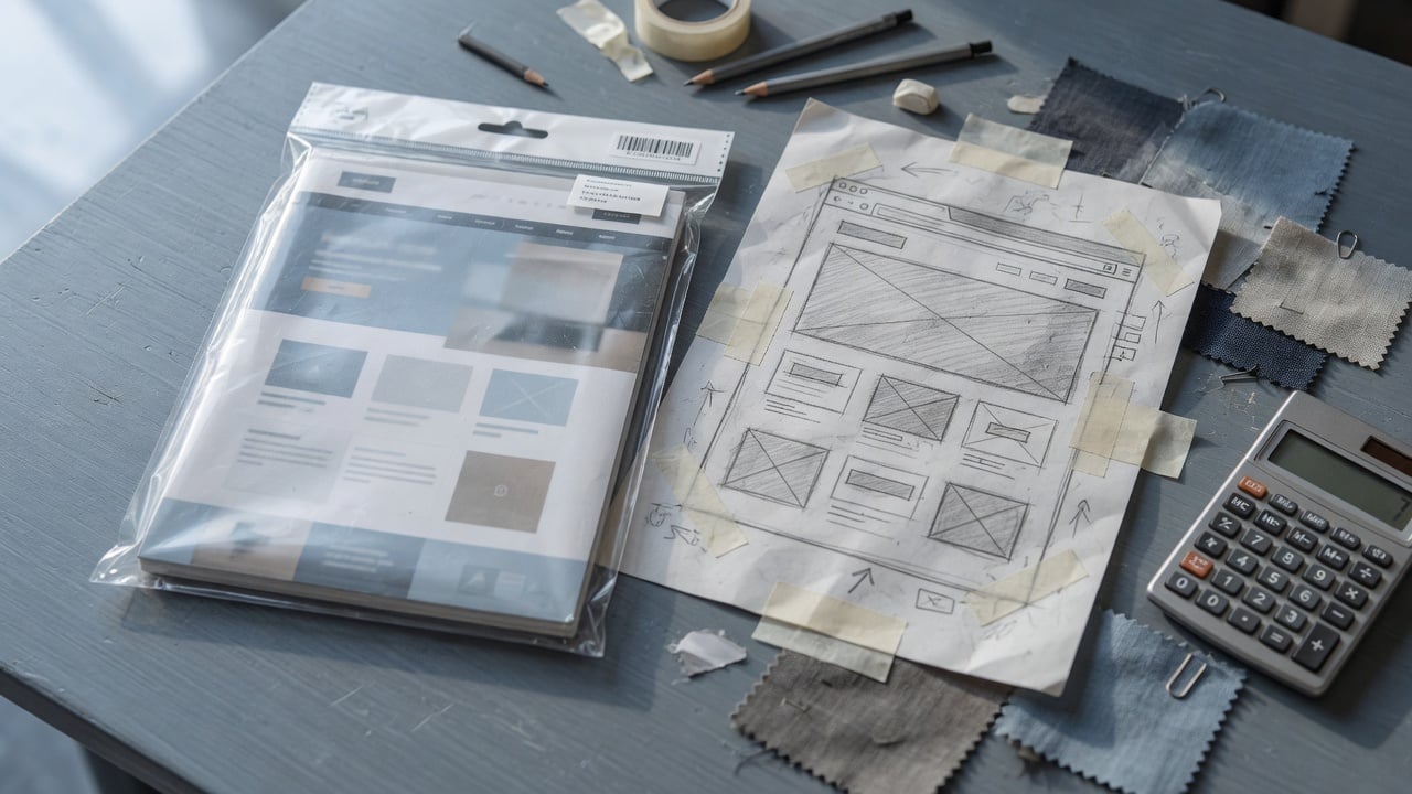 Operator comparing three printed layout samples on a slate desk next to a laptop