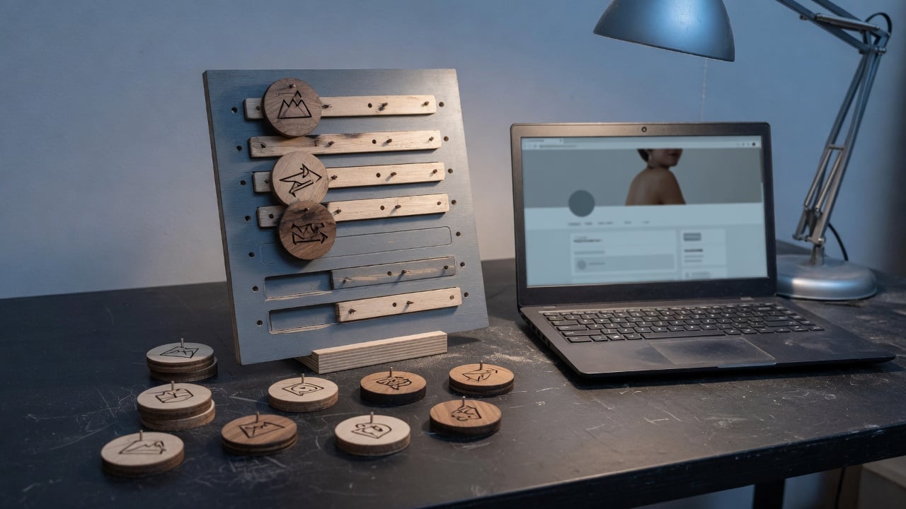 Operator sorting three piles of tokens labeled only by shape on a slate desk beside a muted forum profile screen