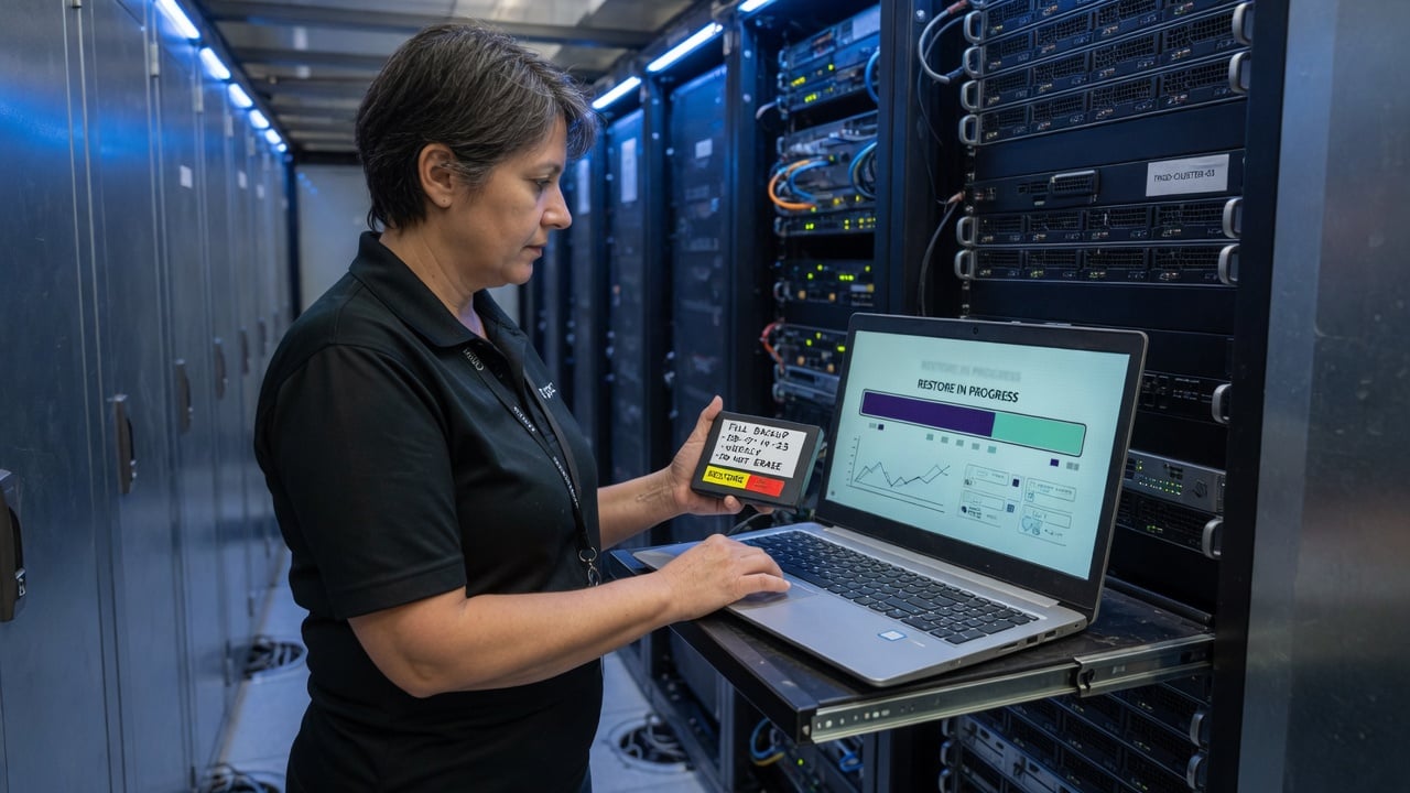 Administrator verifying a database dump and two archive folders on a workstation before a forum move