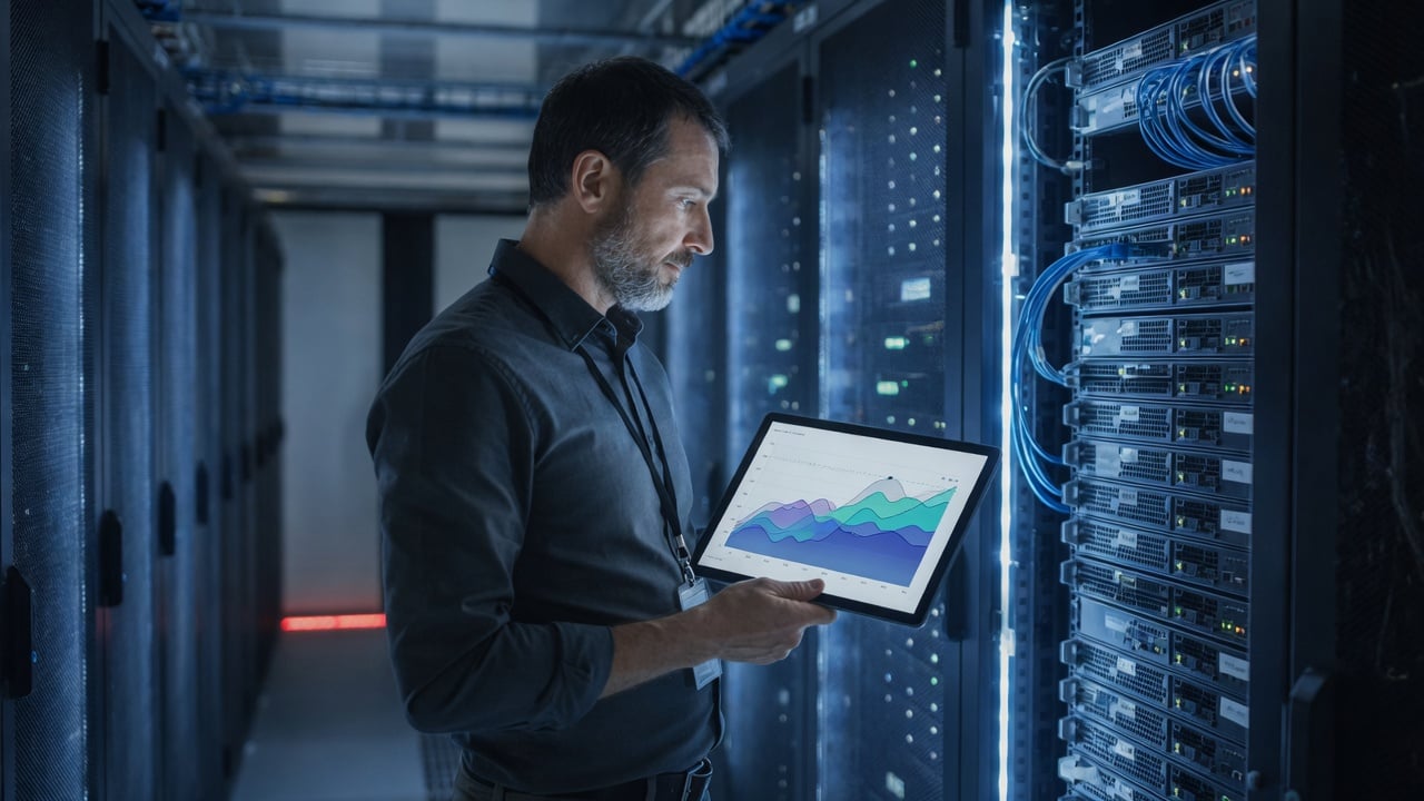 Server room aisle with rack lights reflected on a laptop showing abstract capacity graphs