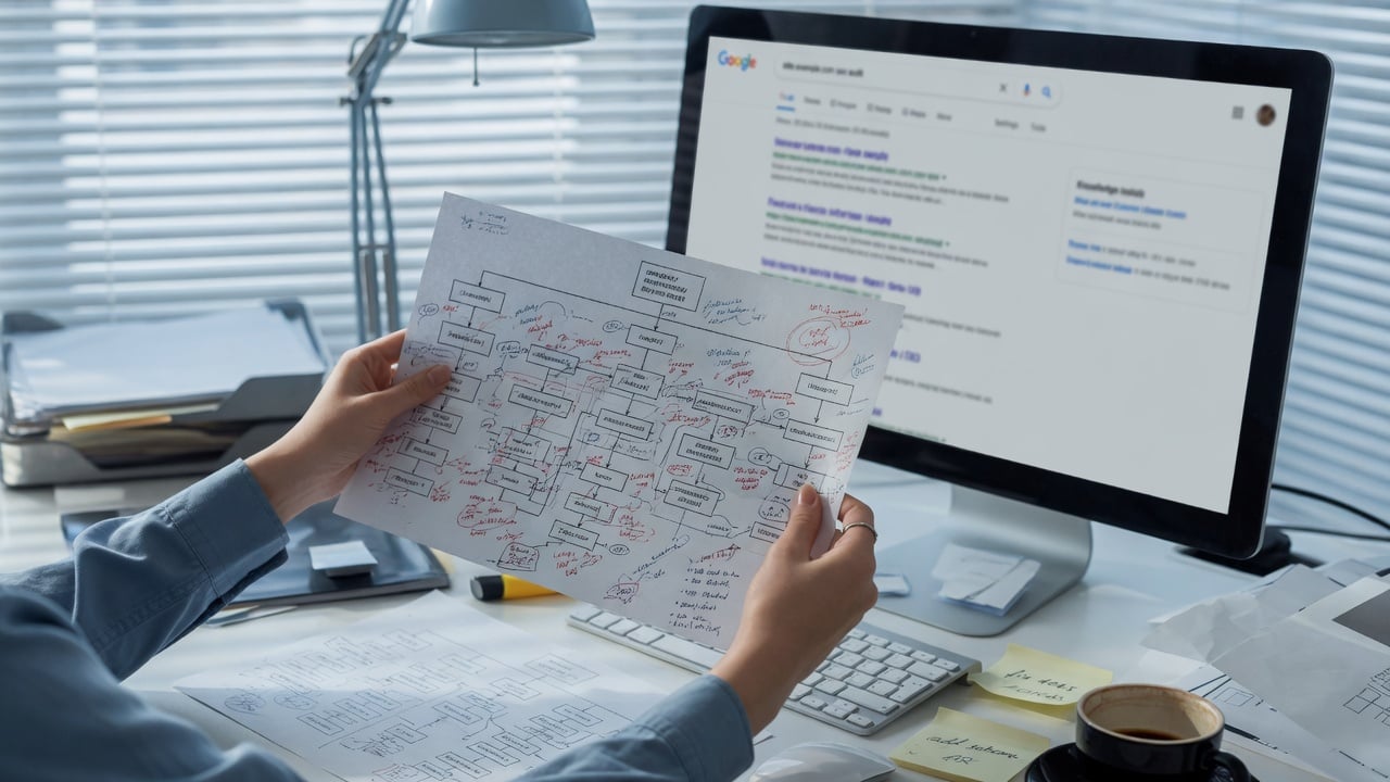 Administrator comparing a printed sitemap outline with a muted forum thread list on a widescreen monitor