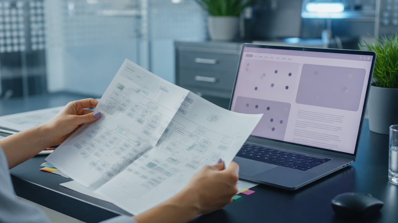 Editor comparing a printed sitemap outline with a muted topic list on a widescreen monitor