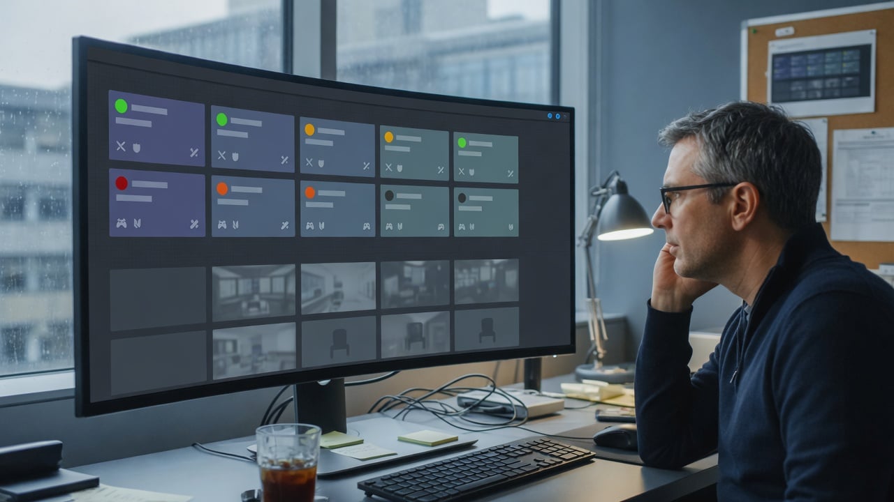 Administrator reviewing a game-server directory on a widescreen monitor